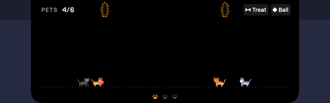 On the open notch, a shiba fetches a bouncing ball while a cat watches